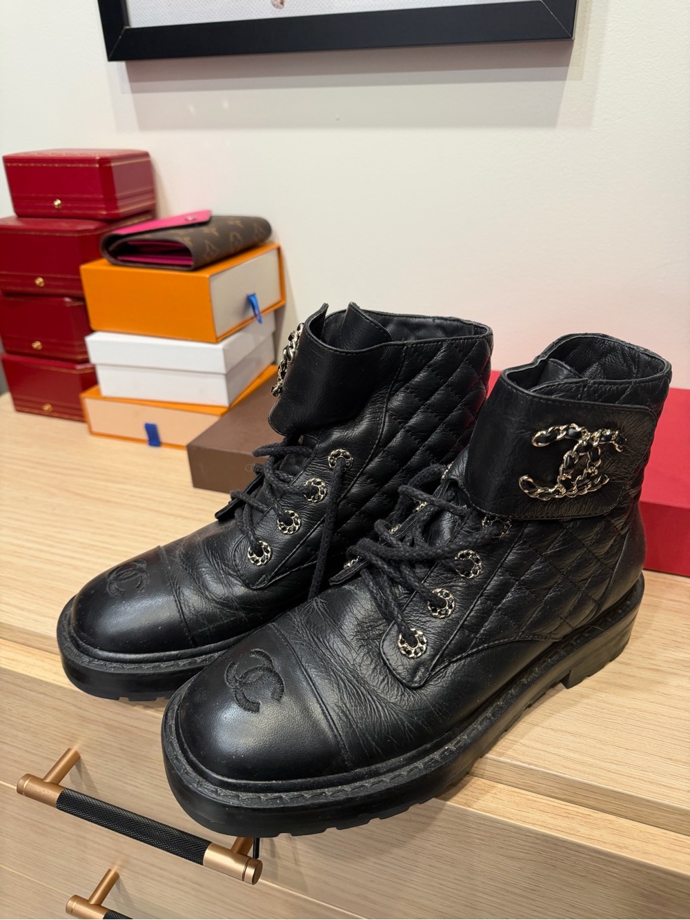 CHANEL Black Quilted Leather Combat Boots with Gold Logo Insole - Picture 2 of 5